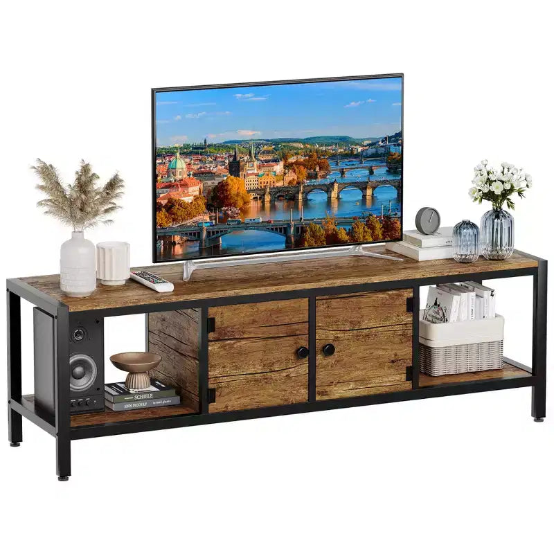 TV Stand for TV up to 65 Inches, Large TV Console Table with 2 Closed Storage Spaces and Open Compartments, Wooden Entertainment Center with Feet