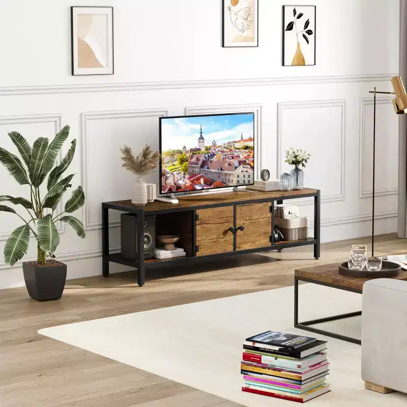 TV Stand for TV up to 65 Inches, Large TV Console Table with 2 Closed Storage Spaces and Open Compartments, Wooden Entertainment Center with Feet