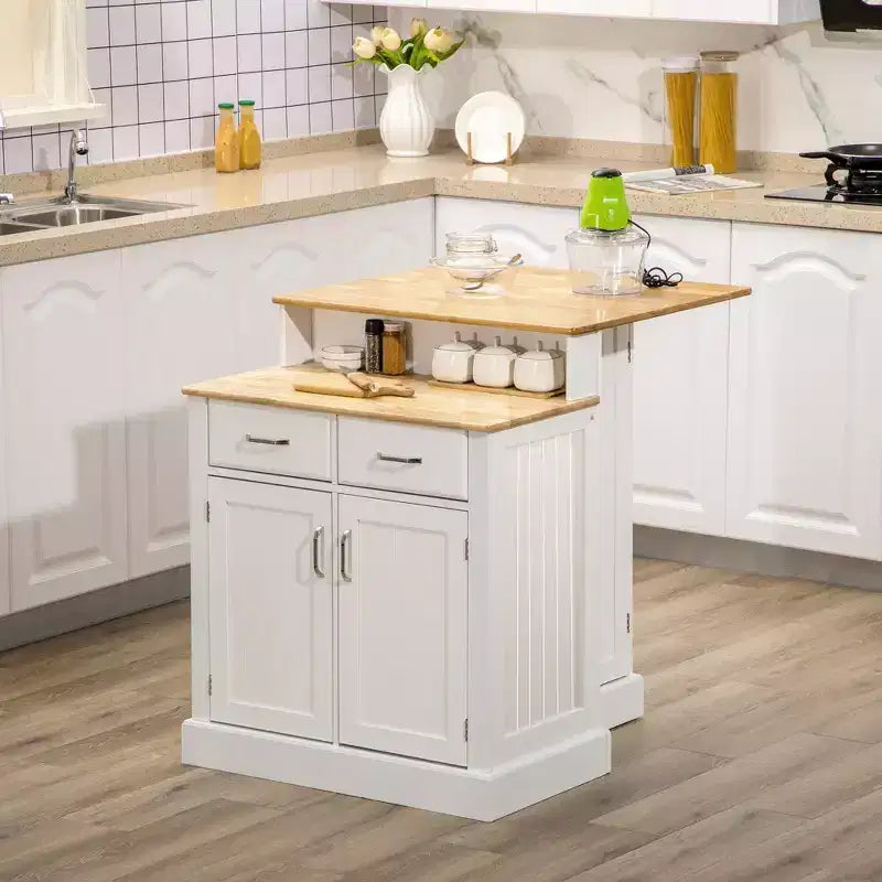 Kitchen Island with 2-Level Rubber Wood Tabletop, Island Table with Adjustable Shelves and Drawers