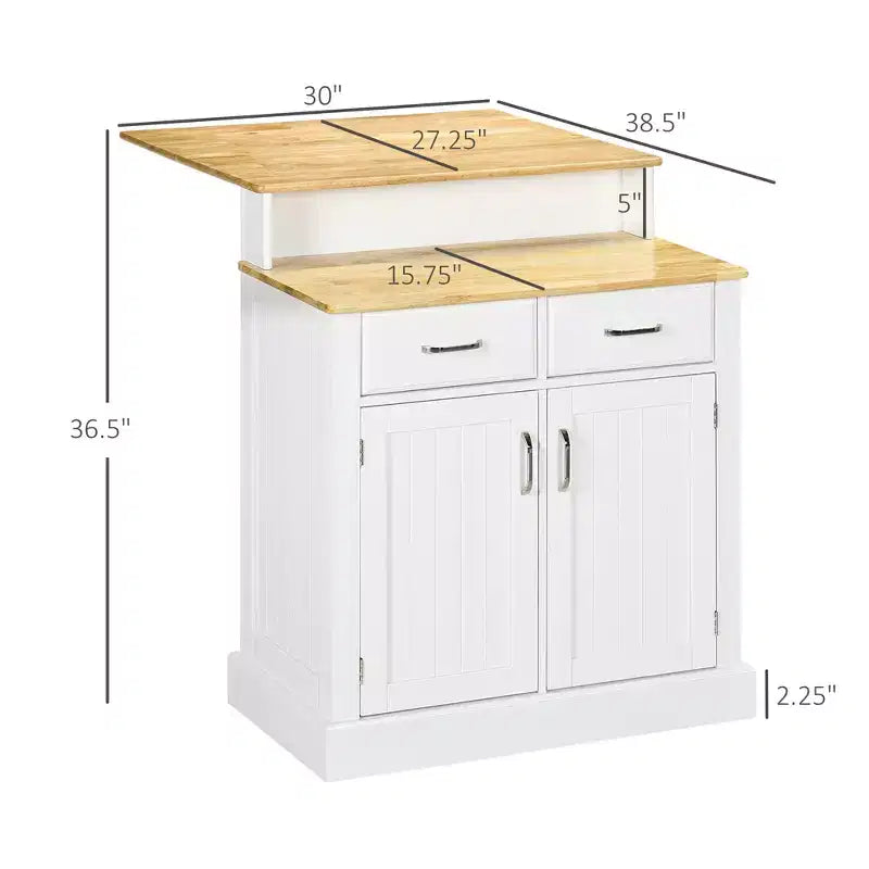 Kitchen Island with 2-Level Rubber Wood Tabletop, Island Table with Adjustable Shelves and Drawers