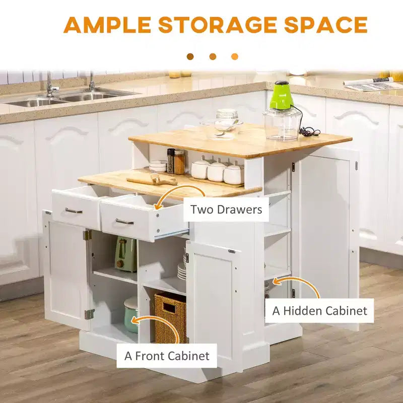 Kitchen Island with 2-Level Rubber Wood Tabletop, Island Table with Adjustable Shelves and Drawers