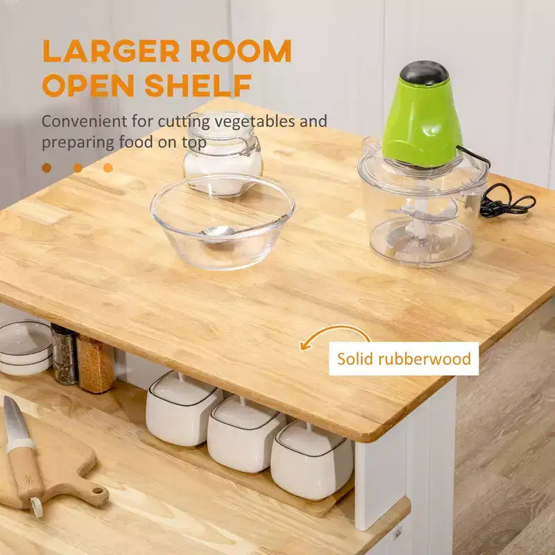 Kitchen Island with 2-Level Rubber Wood Tabletop, Island Table with Adjustable Shelves and Drawers