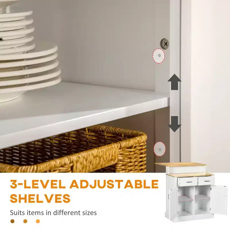 Kitchen Island with 2-Level Rubber Wood Tabletop, Island Table with Adjustable Shelves and Drawers
