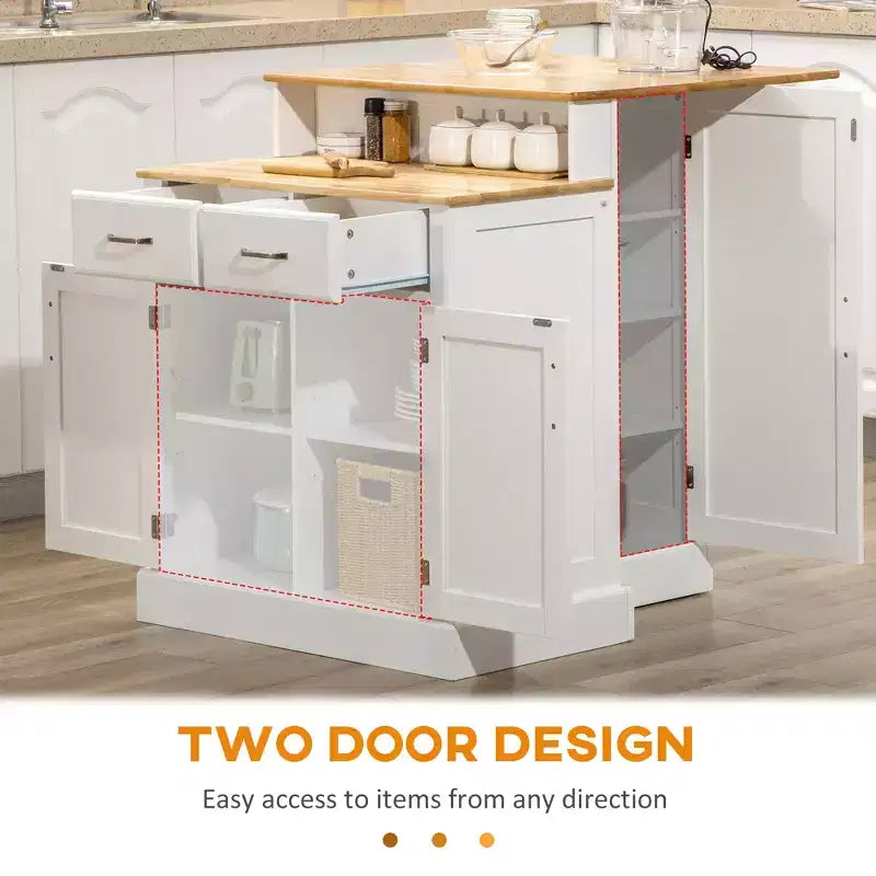 Kitchen Island with 2-Level Rubber Wood Tabletop, Island Table with Adjustable Shelves and Drawers