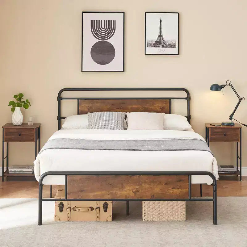 King-size bed frame with headboard, premium metal platform bed featuring steel slats, silent operation, easy assembly, no box springs required.