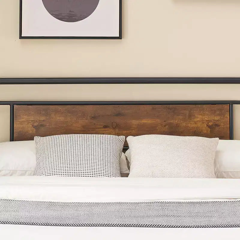 King-size bed frame with headboard, premium metal platform bed featuring steel slats, silent operation, easy assembly, no box springs required.