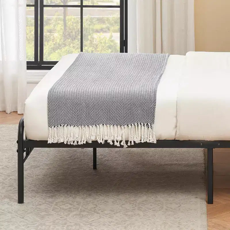 King-size bed frame with headboard, premium metal platform bed featuring steel slats, silent operation, easy assembly, no box springs required.