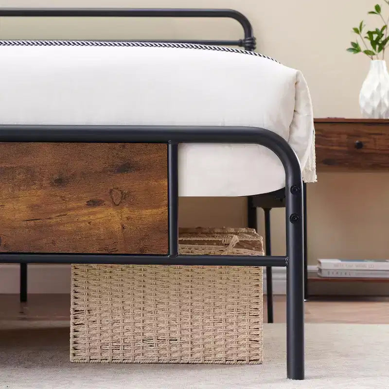 King-size bed frame with headboard, premium metal platform bed featuring steel slats, silent operation, easy assembly, no box springs required.