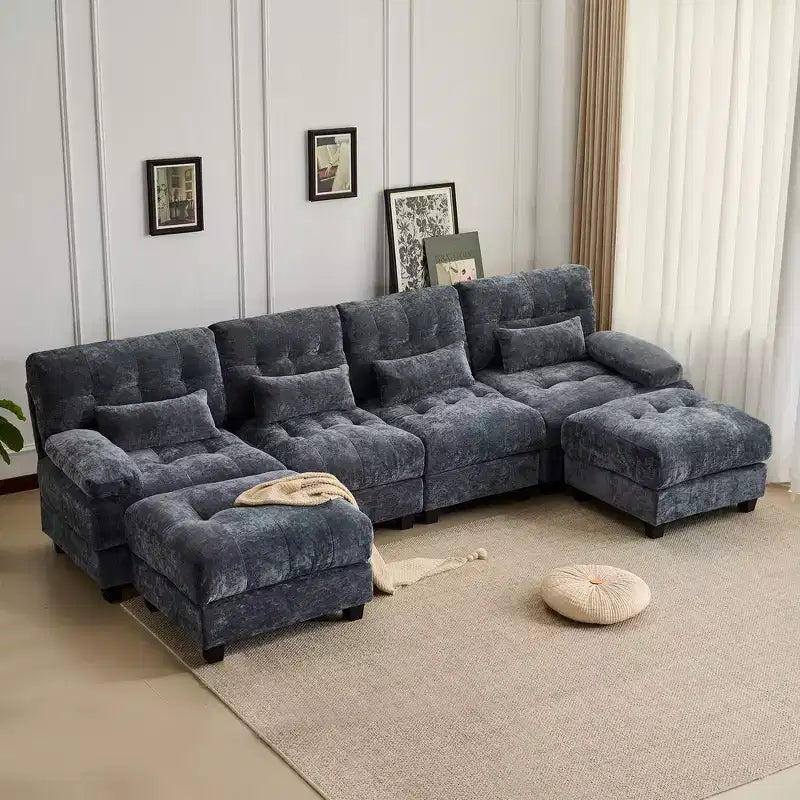Whisen 119 4-Seater Chenille Sofa, Sectional Sofa & Couch with 2 Ottomans, Adjustable Backrest, 4 Throw Pillows