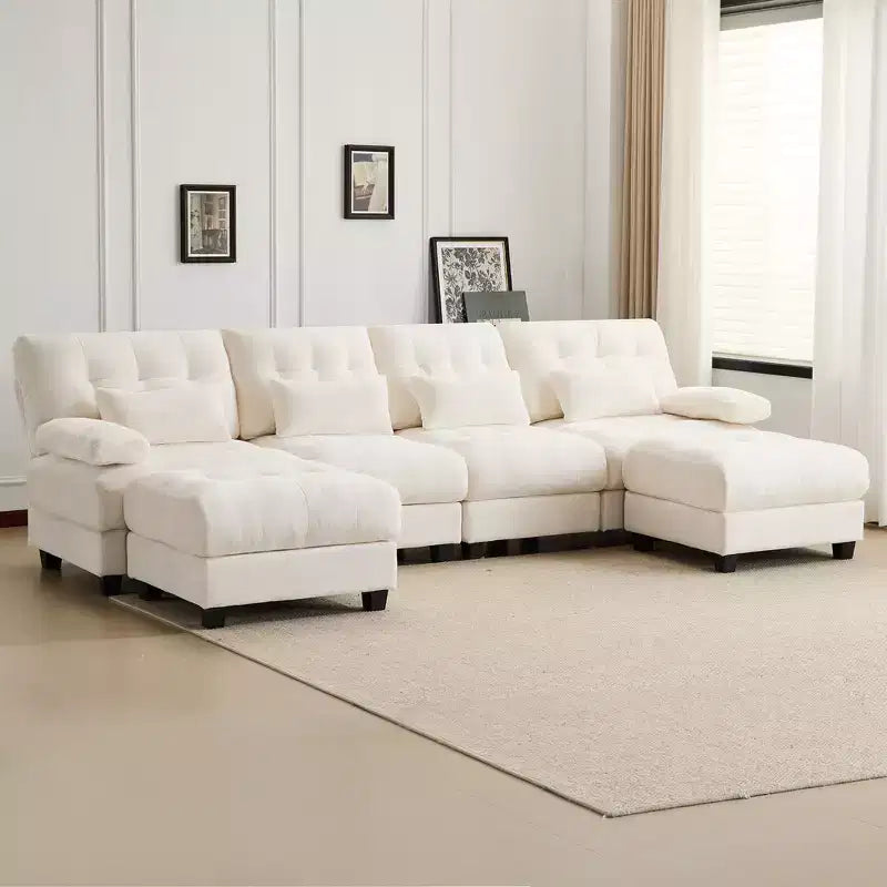 Whisen 119 4-Seater Chenille Sofa, Sectional Sofa & Couch with 2 Ottomans, Adjustable Backrest, 4 Throw Pillows