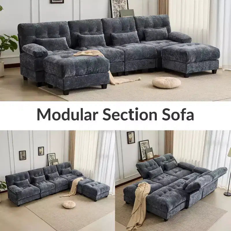 Whisen 119 4-Seater Chenille Sofa, Sectional Sofa & Couch with 2 Ottomans, Adjustable Backrest, 4 Throw Pillows