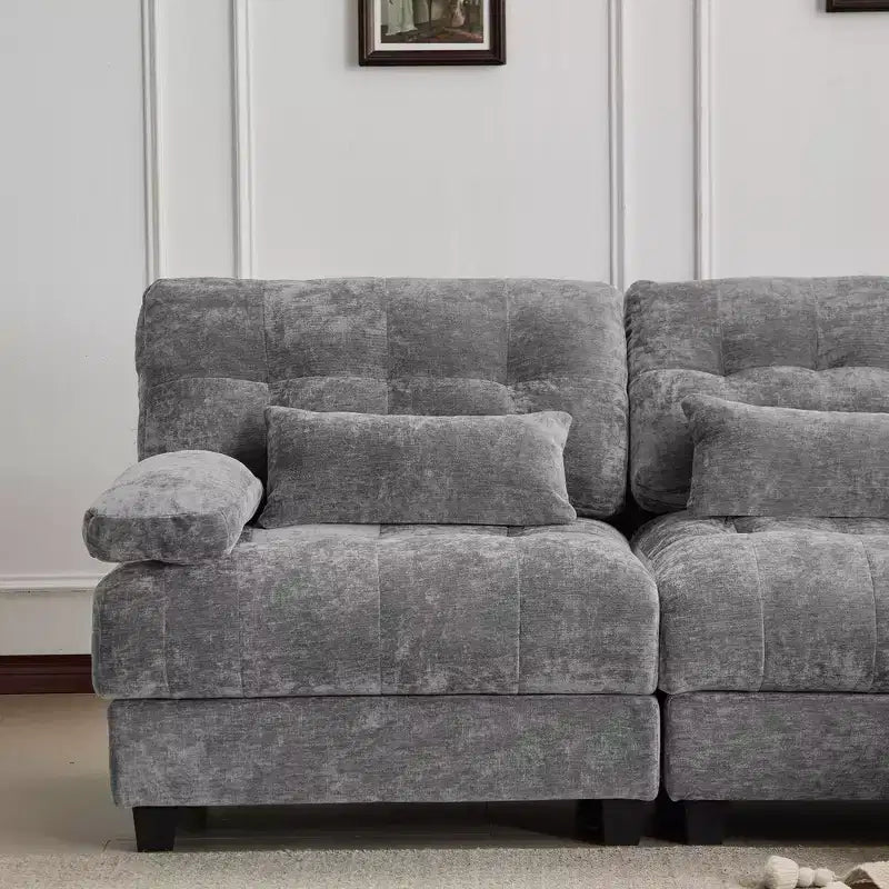 Whisen 119 4-Seater Chenille Sofa, Sectional Sofa & Couch with 2 Ottomans, Adjustable Backrest, 4 Throw Pillows
