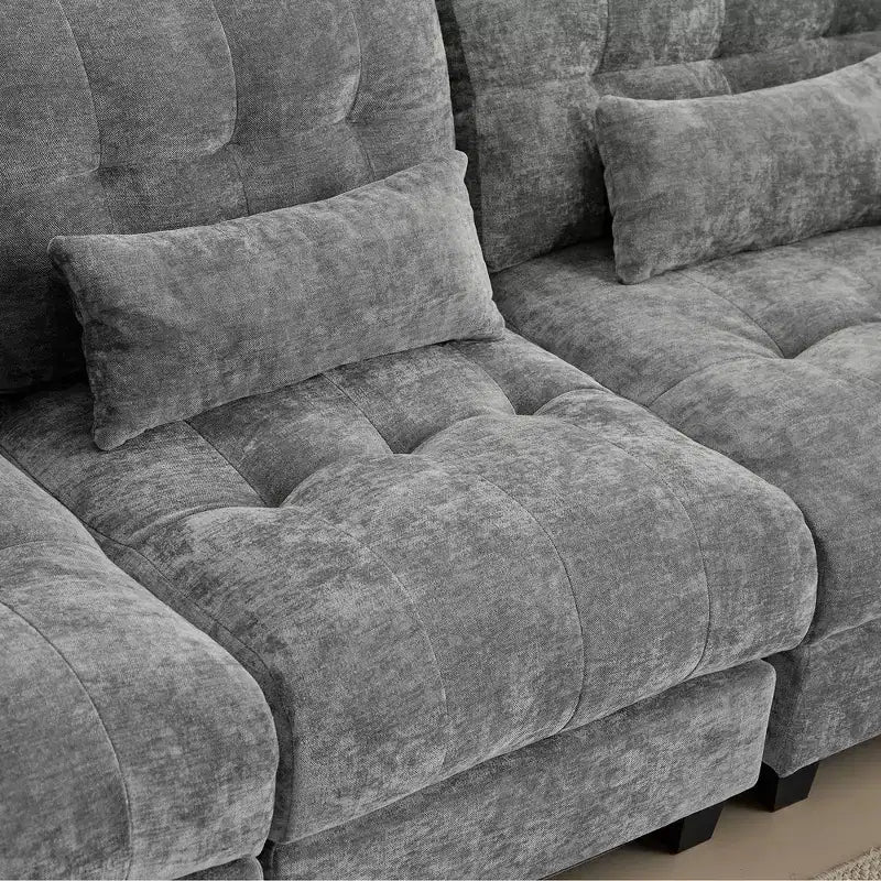 Whisen 119 4-Seater Chenille Sofa, Sectional Sofa & Couch with 2 Ottomans, Adjustable Backrest, 4 Throw Pillows