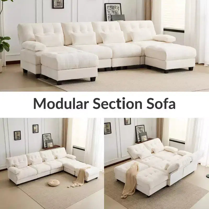 Whisen 119 4-Seater Chenille Sofa, Sectional Sofa & Couch with 2 Ottomans, Adjustable Backrest, 4 Throw Pillows
