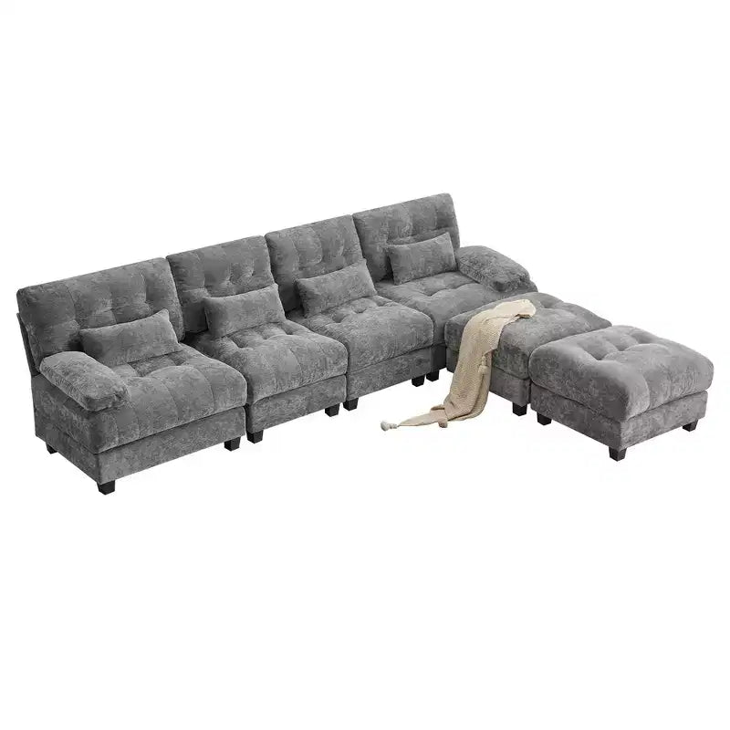 Whisen 119 4-Seater Chenille Sofa, Sectional Sofa & Couch with 2 Ottomans, Adjustable Backrest, 4 Throw Pillows