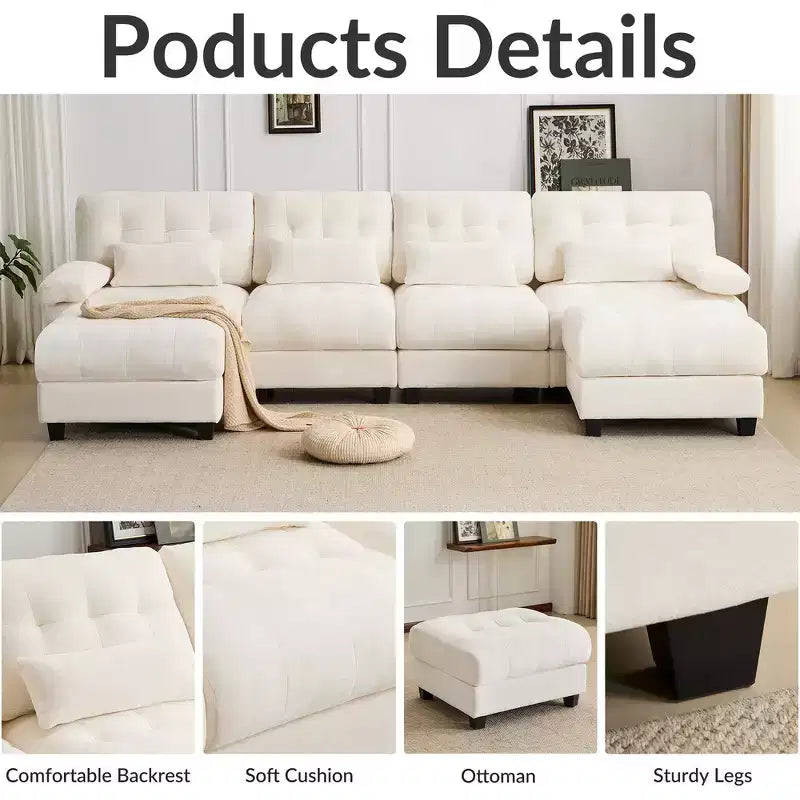 Whisen 119 4-Seater Chenille Sofa, Sectional Sofa & Couch with 2 Ottomans, Adjustable Backrest, 4 Throw Pillows