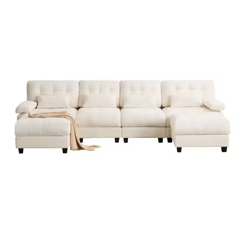 Whisen 119 4-Seater Chenille Sofa, Sectional Sofa & Couch with 2 Ottomans, Adjustable Backrest, 4 Throw Pillows