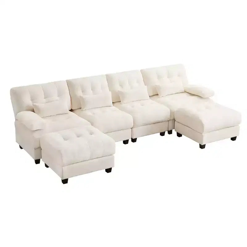 Whisen 119 4-Seater Chenille Sofa, Sectional Sofa & Couch with 2 Ottomans, Adjustable Backrest, 4 Throw Pillows