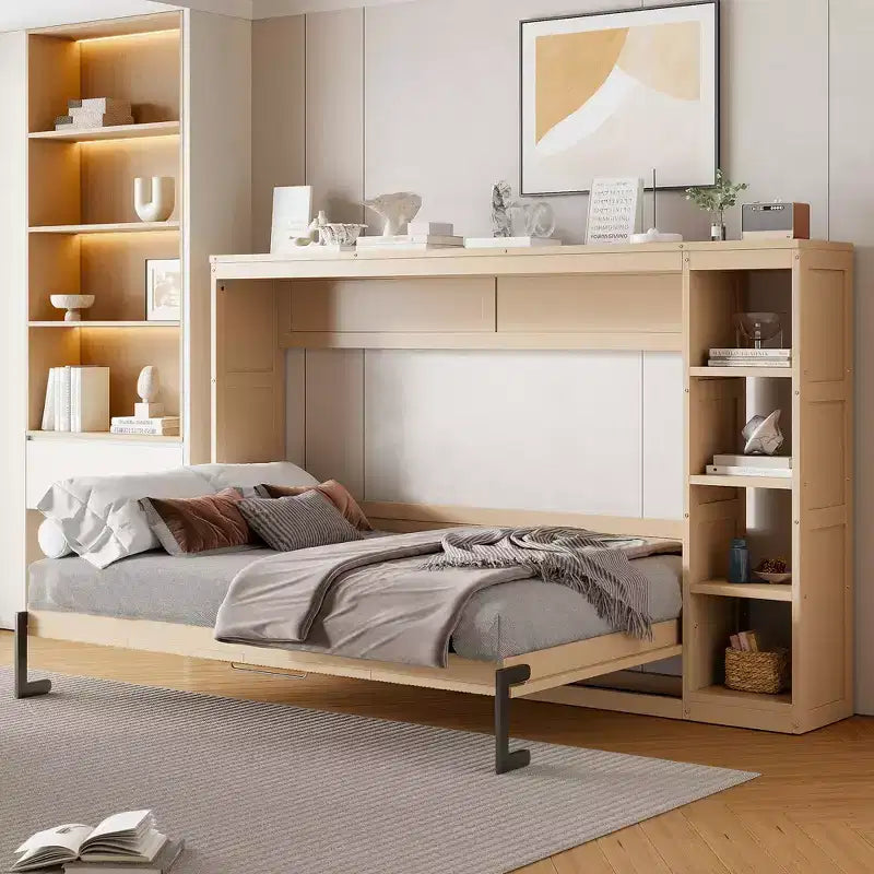 Murphy Bed Wall Bed with Bookshelf, Cabinet Bed Folding Wall Bed for Guest Room Office