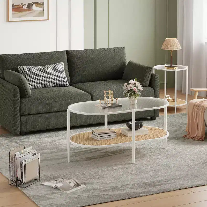 COZONY Coffee Table, Oval Water Wave Glass Top Side Table, Rattan Storage Shelf, 2-Tier Metal Frame, Farmhouse End Table for Living Room Small Space