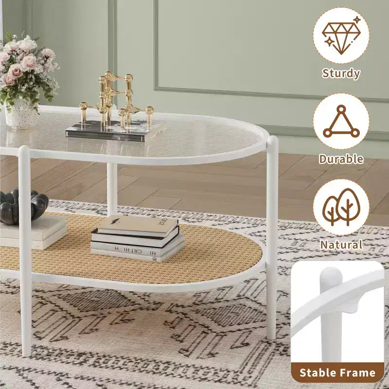 COZONY Coffee Table, Oval Water Wave Glass Top Side Table, Rattan Storage Shelf, 2-Tier Metal Frame, Farmhouse End Table for Living Room Small Space