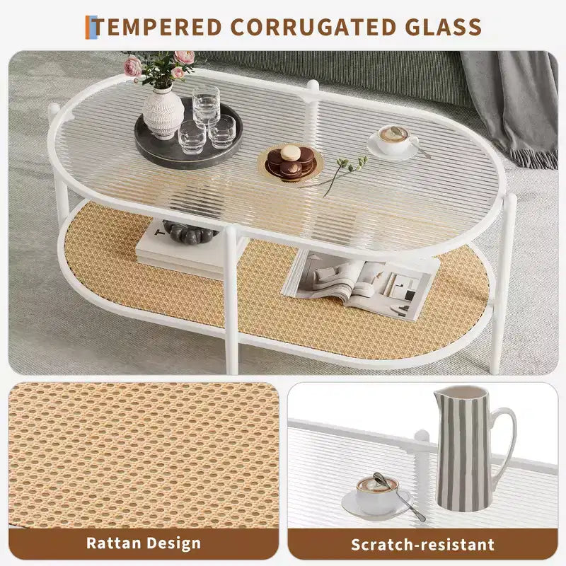 COZONY Coffee Table, Oval Water Wave Glass Top Side Table, Rattan Storage Shelf, 2-Tier Metal Frame, Farmhouse End Table for Living Room Small Space