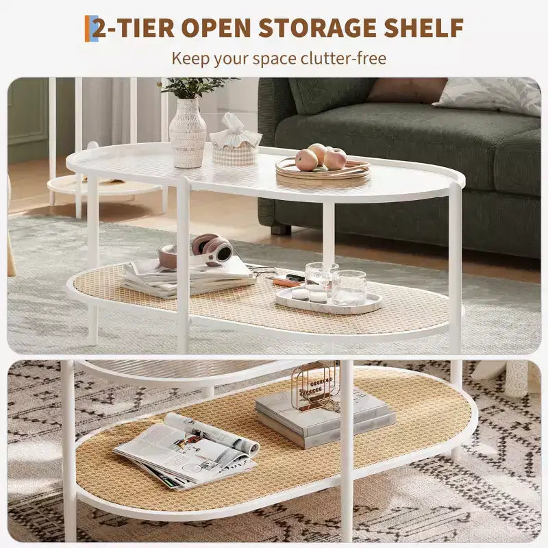 COZONY Coffee Table, Oval Water Wave Glass Top Side Table, Rattan Storage Shelf, 2-Tier Metal Frame, Farmhouse End Table for Living Room Small Space