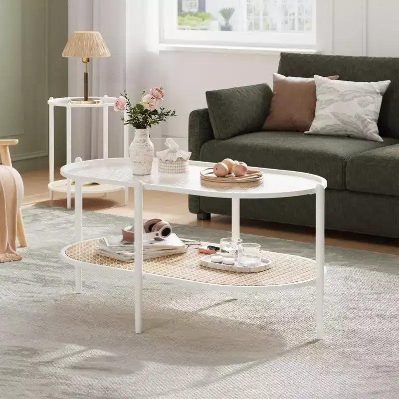 COZONY Coffee Table, Oval Water Wave Glass Top Side Table, Rattan Storage Shelf, 2-Tier Metal Frame, Farmhouse End Table for Living Room Small Space