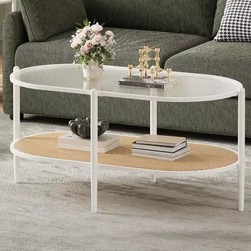 COZONY Coffee Table, Oval Water Wave Glass Top Side Table, Rattan Storage Shelf, 2-Tier Metal Frame, Farmhouse End Table for Living Room Small Space