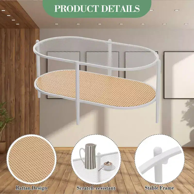 COZONY Coffee Table, Oval Water Wave Glass Top Side Table, Rattan Storage Shelf, 2-Tier Metal Frame, Farmhouse End Table for Living Room Small Space