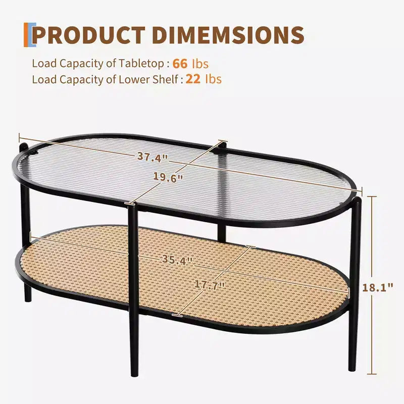 COZONY Coffee Table, Oval Water Wave Glass Top Side Table, Rattan Storage Shelf, 2-Tier Metal Frame, Farmhouse End Table for Living Room Small Space