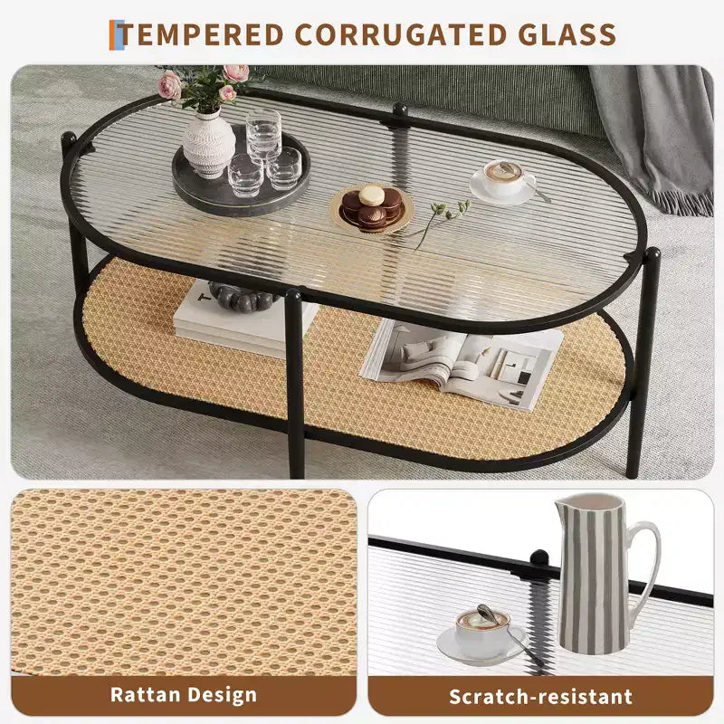 COZONY Coffee Table, Oval Water Wave Glass Top Side Table, Rattan Storage Shelf, 2-Tier Metal Frame, Farmhouse End Table for Living Room Small Space