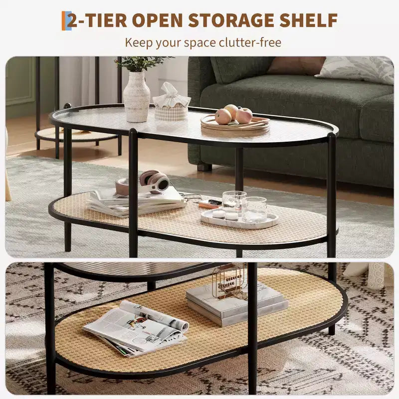 COZONY Coffee Table, Oval Water Wave Glass Top Side Table, Rattan Storage Shelf, 2-Tier Metal Frame, Farmhouse End Table for Living Room Small Space