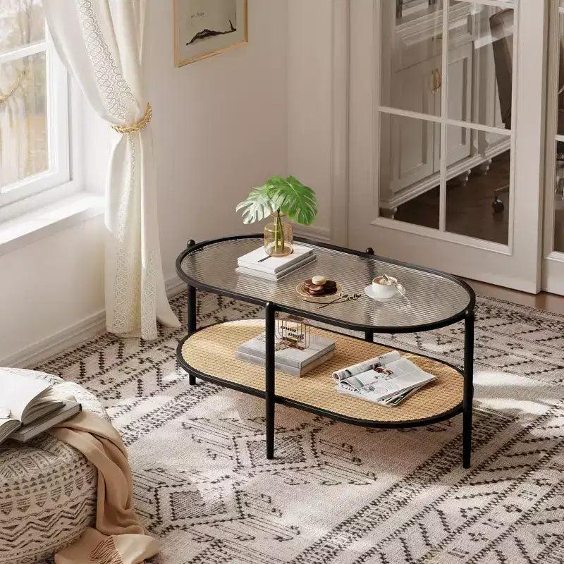COZONY Coffee Table, Oval Water Wave Glass Top Side Table, Rattan Storage Shelf, 2-Tier Metal Frame, Farmhouse End Table for Living Room Small Space