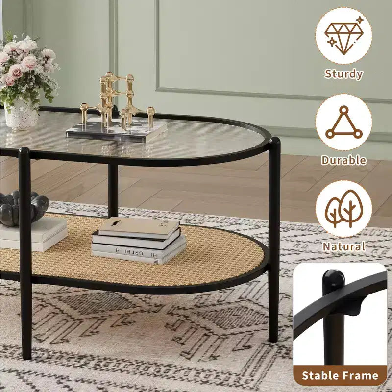 COZONY Coffee Table, Oval Water Wave Glass Top Side Table, Rattan Storage Shelf, 2-Tier Metal Frame, Farmhouse End Table for Living Room Small Space