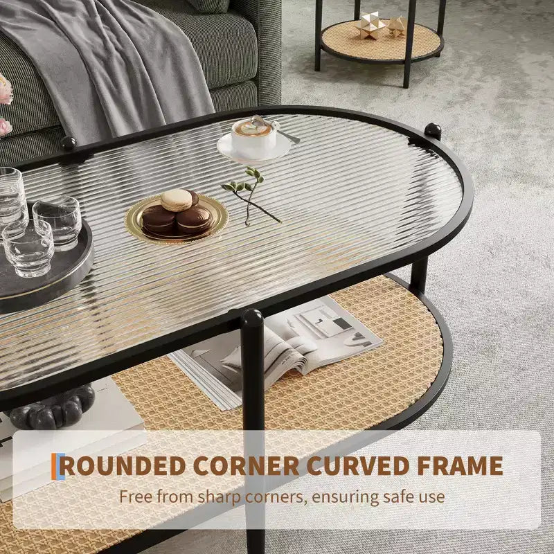 COZONY Coffee Table, Oval Water Wave Glass Top Side Table, Rattan Storage Shelf, 2-Tier Metal Frame, Farmhouse End Table for Living Room Small Space