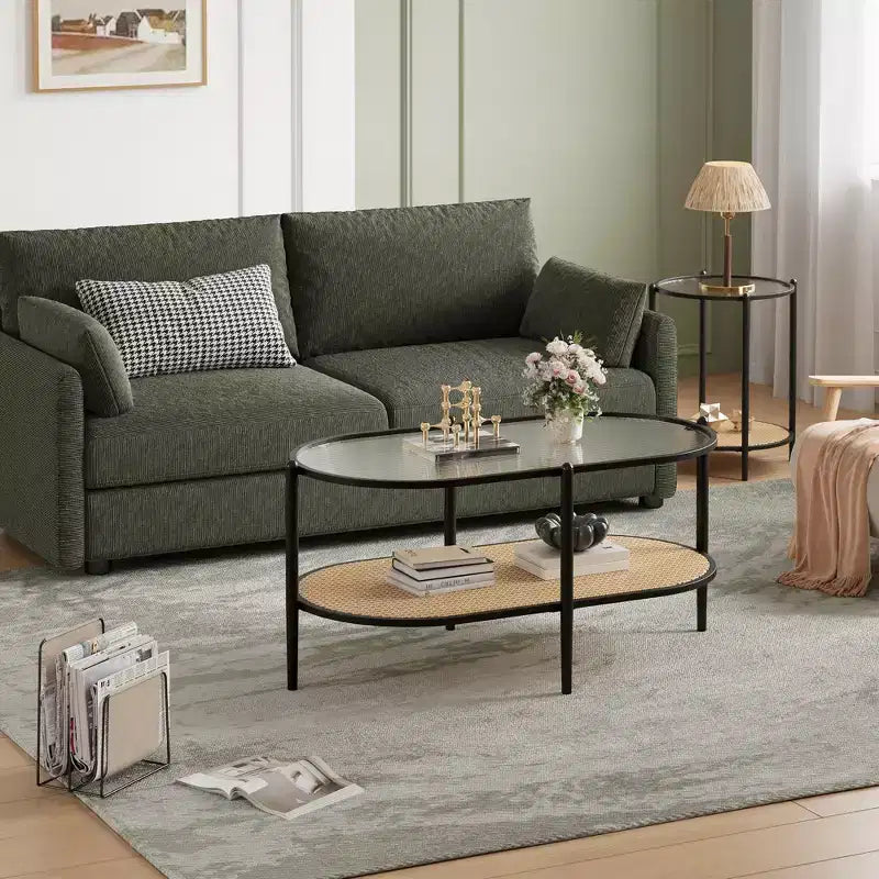 COZONY Coffee Table, Oval Water Wave Glass Top Side Table, Rattan Storage Shelf, 2-Tier Metal Frame, Farmhouse End Table for Living Room Small Space