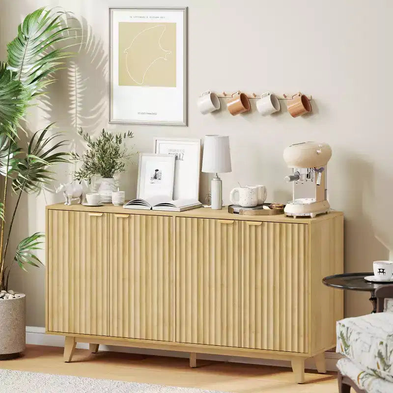 Fluted Sideboard Buffet Cabinet, 55 Coffee Bar Cabinet with 4 Doors, 2 Adjustable Shelves, 5 Wood Legs
