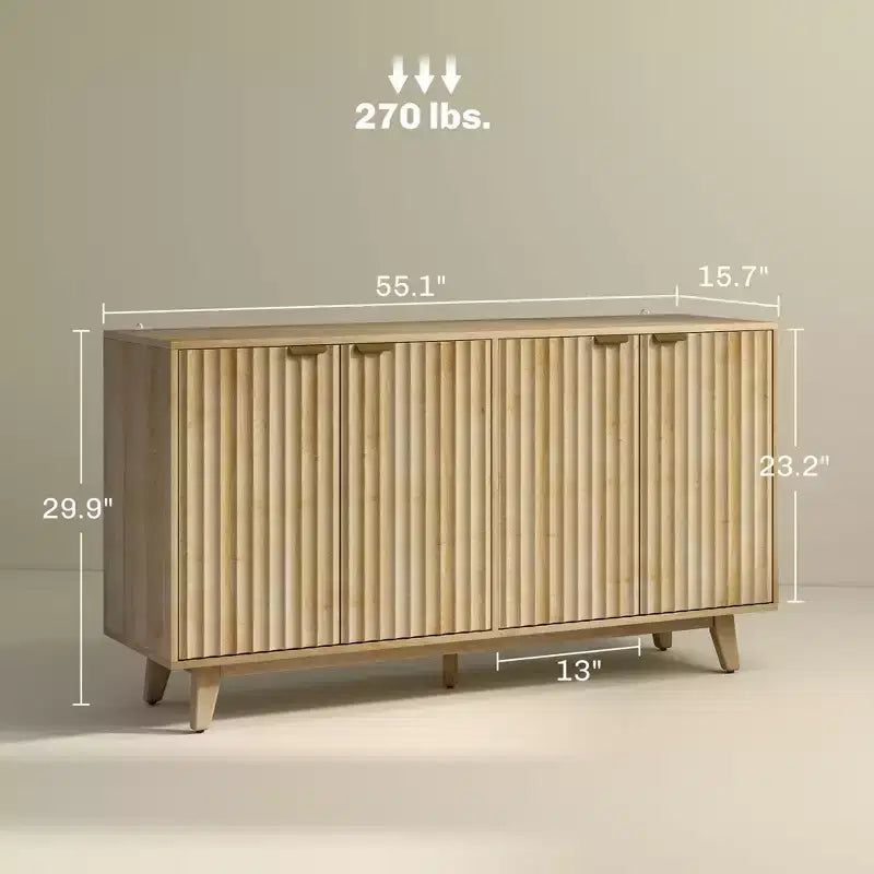 Fluted Sideboard Buffet Cabinet, 55 Coffee Bar Cabinet with 4 Doors, 2 Adjustable Shelves, 5 Wood Legs
