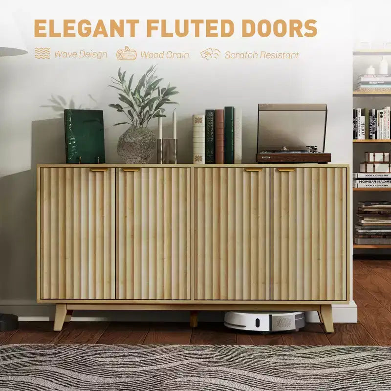 Fluted Sideboard Buffet Cabinet, 55 Coffee Bar Cabinet with 4 Doors, 2 Adjustable Shelves, 5 Wood Legs