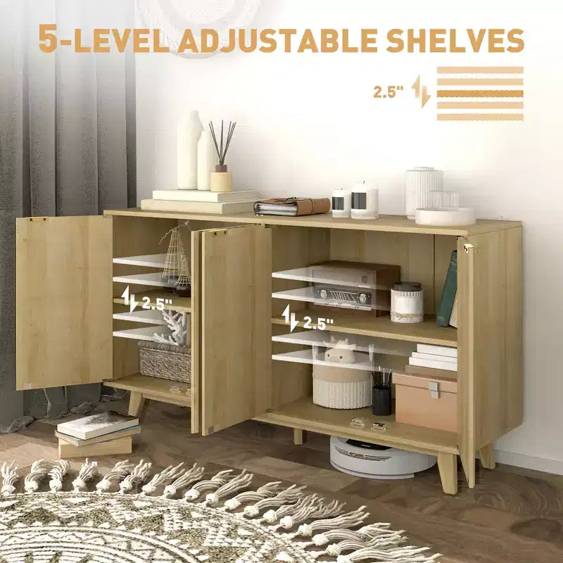 Fluted Sideboard Buffet Cabinet, 55 Coffee Bar Cabinet with 4 Doors, 2 Adjustable Shelves, 5 Wood Legs