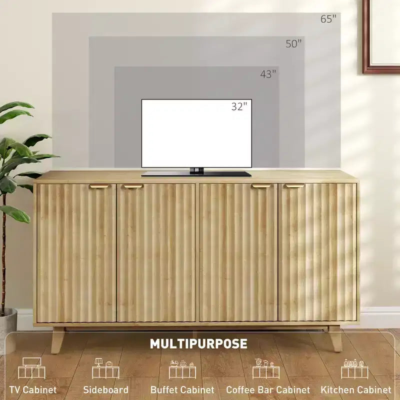 Fluted Sideboard Buffet Cabinet, 55 Coffee Bar Cabinet with 4 Doors, 2 Adjustable Shelves, 5 Wood Legs
