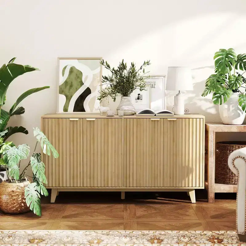 Fluted Sideboard Buffet Cabinet, 55 Coffee Bar Cabinet with 4 Doors, 2 Adjustable Shelves, 5 Wood Legs