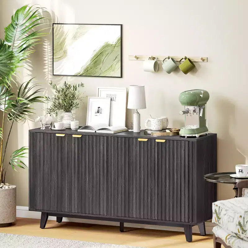 Fluted Sideboard Buffet Cabinet, 55 Coffee Bar Cabinet with 4 Doors, 2 Adjustable Shelves, 5 Wood Legs