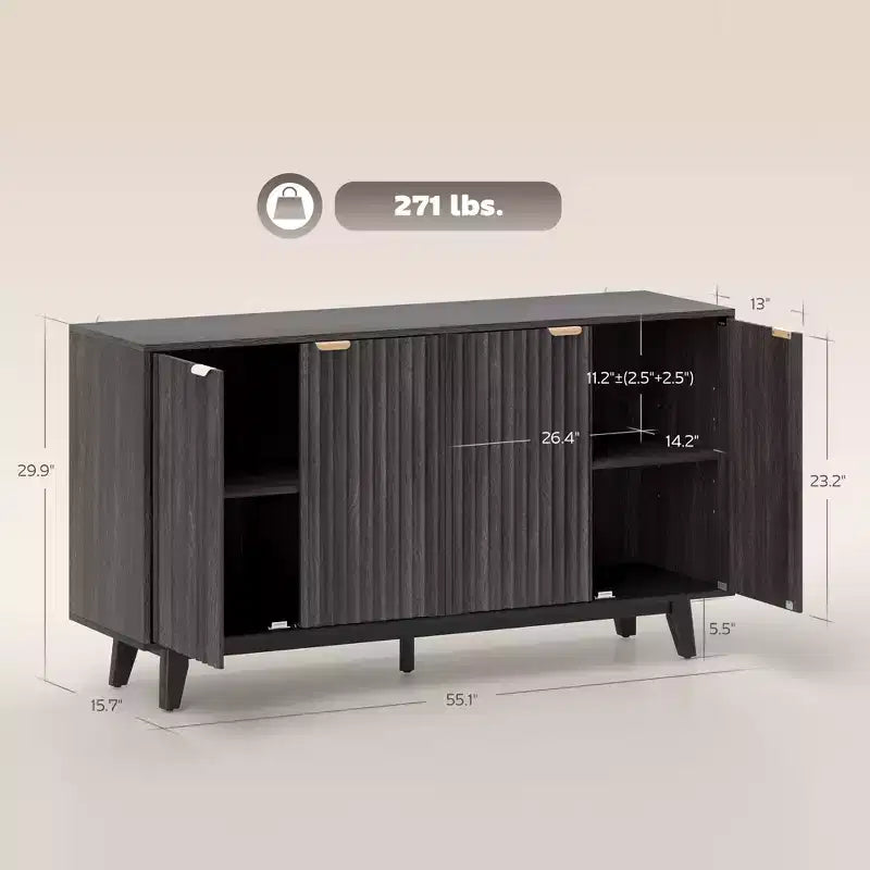 Fluted Sideboard Buffet Cabinet, 55 Coffee Bar Cabinet with 4 Doors, 2 Adjustable Shelves, 5 Wood Legs