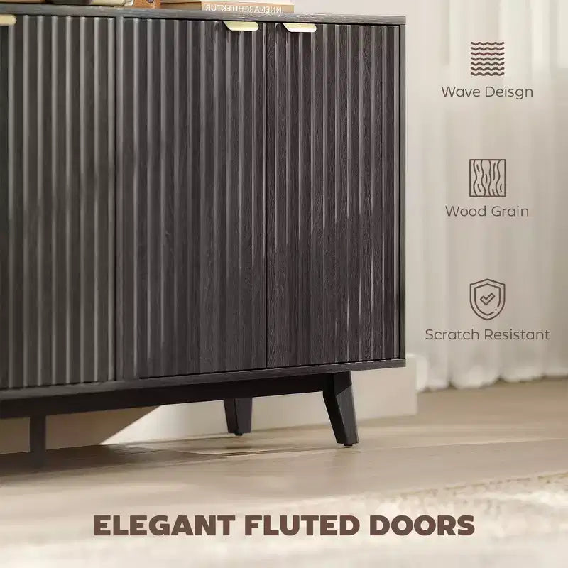 Fluted Sideboard Buffet Cabinet, 55 Coffee Bar Cabinet with 4 Doors, 2 Adjustable Shelves, 5 Wood Legs