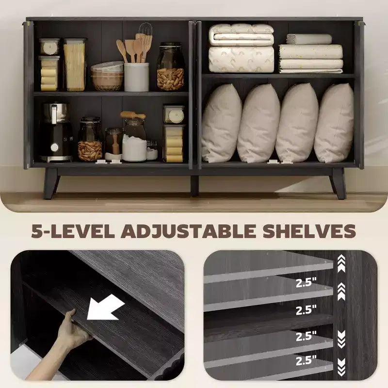 Fluted Sideboard Buffet Cabinet, 55 Coffee Bar Cabinet with 4 Doors, 2 Adjustable Shelves, 5 Wood Legs