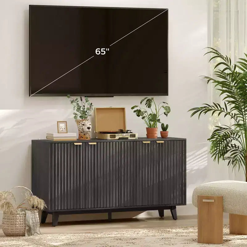 Fluted Sideboard Buffet Cabinet, 55 Coffee Bar Cabinet with 4 Doors, 2 Adjustable Shelves, 5 Wood Legs