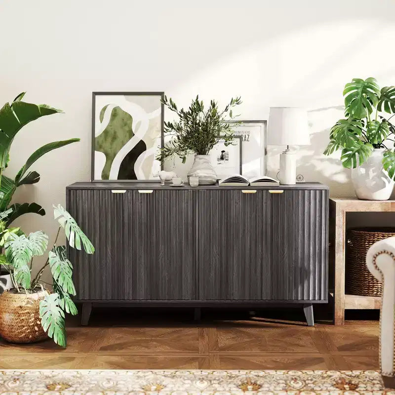 Fluted Sideboard Buffet Cabinet, 55 Coffee Bar Cabinet with 4 Doors, 2 Adjustable Shelves, 5 Wood Legs