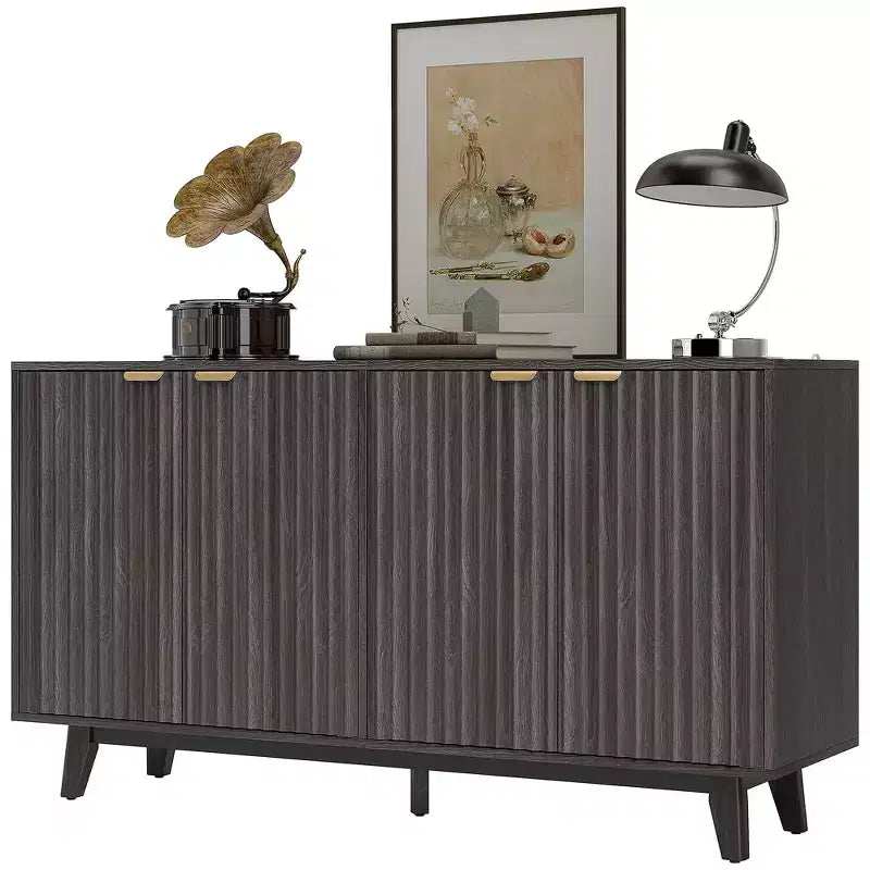 Fluted Sideboard Buffet Cabinet, 55 Coffee Bar Cabinet with 4 Doors, 2 Adjustable Shelves, 5 Wood Legs